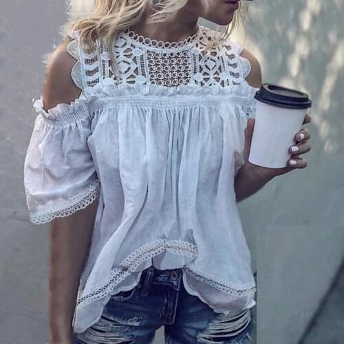 Off Shoulder Half Sleeve Pleated Loose Casual Shirt Women White Lace Spliced Hollow Out O Neck Ruffles Elegant Blouse Women Tops