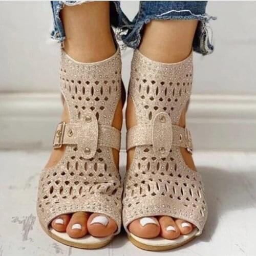 Summer Women Sandals High-top Fish Mouth Hollow Out Wedges Buckle Platform Casual Shoes Back Zipper Rhinestones Shoes