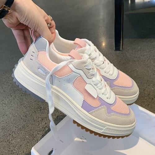 Thick Bottom 2021 SS England Style Patchwrok Sneakers Women Genuine Leather Vulcanized Shoes Women Shoes Casual Training Shoes