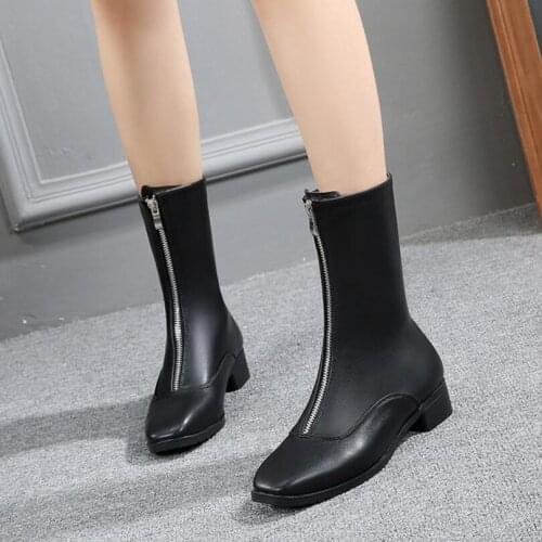 Famous brand front zipper short boots women square toe suede leather bottes femme 34-43 big size winter mid-calf boots women 273