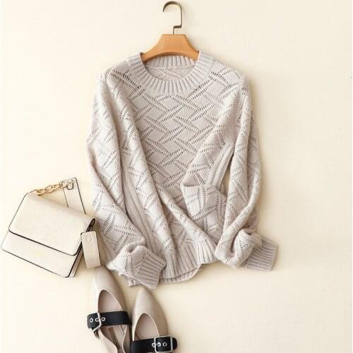 Hollow Out Womens New Arrival Sweaters O-Neck 100% Cashmere Solid Office Lady Knit Sweater Female Long Sleeve 2019 Winter