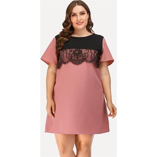 Women Casual Loose Mini Dress Pink Lace Patchwork Plus Size L-4XL Summer Short Sleeve Vestido O-neck A-line High Waist Fashion