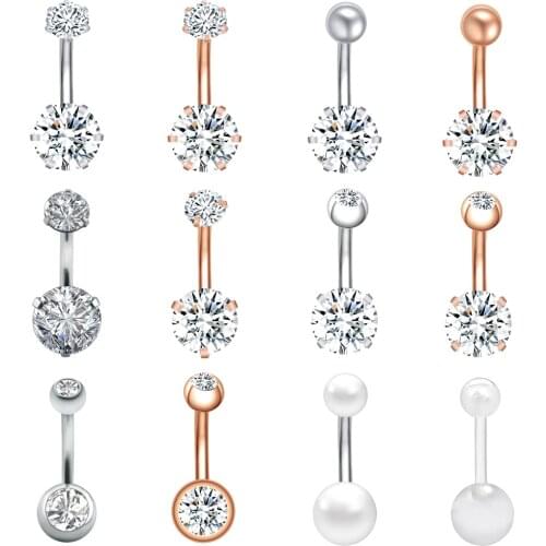 ZS 1pc Stainless Steel Crystal Zircon Button Navel Piercing Ring Rose Gold Silver Color Belly Ring Body Jewelry for Women
