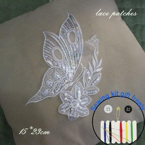 1pc butterfly white lace patches for clothing sequin embroidery appliques Sequins parche DIY handmade clothes accessories