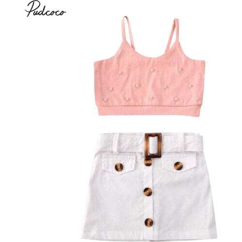 2020 Princess Summer Kid Baby Girl Clothes Pearls Sleeveless Solid Tops Crop Vest Button White Sunflower Dress 2pcs Outfits Set