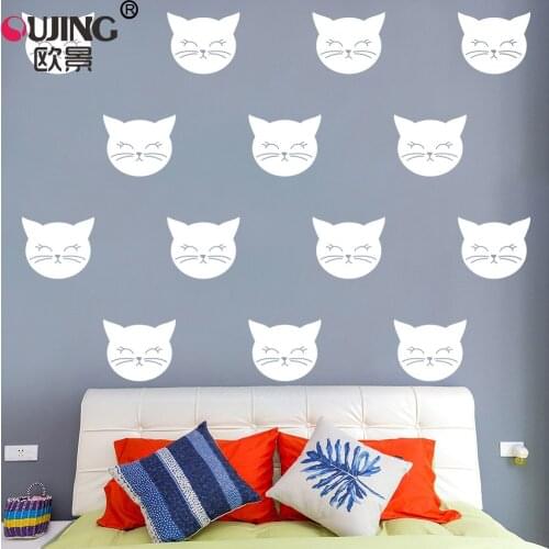 6.5*5cm*24pcs Cartoon Cute Smile Face Kitten Wall Stickers For Kids Rooms Art Mural Home Decoration Cats Head Shape Wall Decals