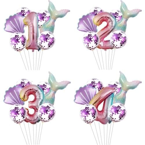7pcs/lot Mermaid Party Balloons Set 32inch Number Foil Balloon Kids Birthday Party Decorations Baby Shower Decor Helium Globos