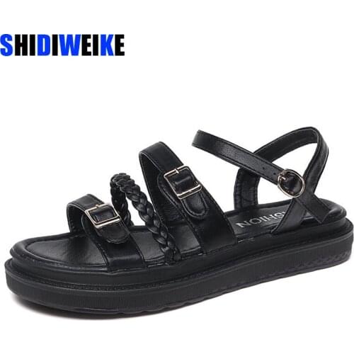 Chunky Sandals Women PU Leather Platform Flats Ankle Buckle Straps Ladies Summer Beach Flat Casual Shoes Handmade AC855