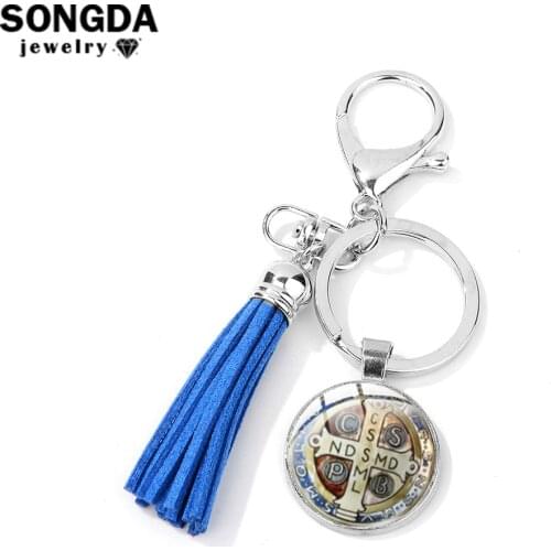 SONGDA Religion Saint Benedict Medallion Tassel Keychain San Benito Holy Cross Art Pattern Glass Cabochon Pendant Key Chain Ring