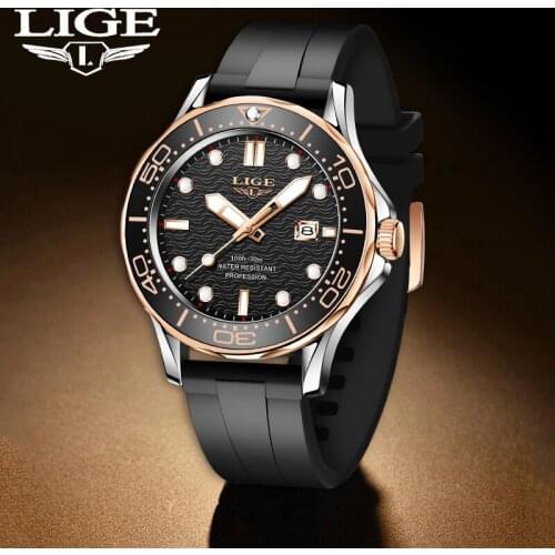2021 New LIGE Watch Men Quartz Watches Automatic Date Luxury Gold Mens Wristwatch Silicone Waterproof Clock Man Reloj Hombre+Box