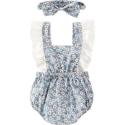 Ins Baby Girl Clothes Cotton Bodysuits Summer Newborn Twins Jumpsuit With Flower Pattern 2pcs Short Sleeve Clothing Outfit 2021