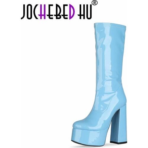 【JOCHEBED HU】Fashion Female Boots Winter Sexy Elegant Zipper Waterproof Pure Color Yelloe Blue Chunky Heels New Half Boots34-45