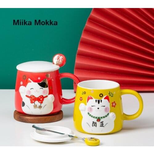 380ML Creative Lucky Cat Ceramic Mug Festive Style Coffe Mug Tea Cup Cute Couple Cups Milk Mugs with Lid Spoon Japan Style