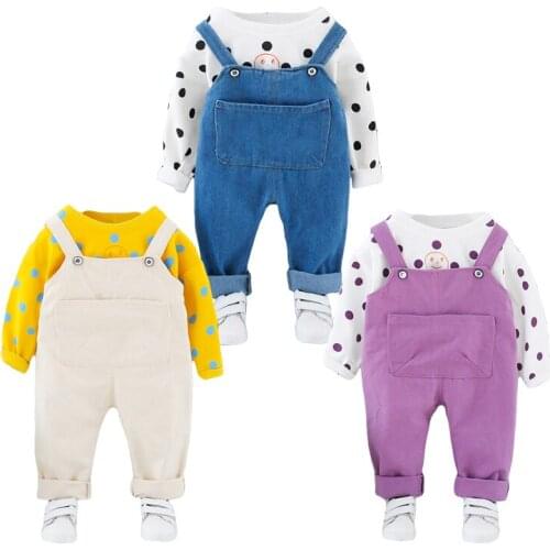 Baby Kids Sling Set Spring Autumn Baby Girls Clothing Sets Dots Long Sleeve + Sling Cowboy Trousers 2-Pce Children Clothes Suit