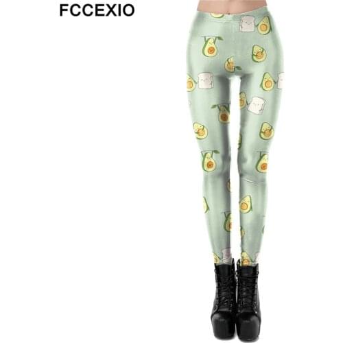 FCCEXIO 2021 New Leggings Fashion Cute Avocado Print Legings Women Elastic Fitness Leggins Mid Waist Trouser Skinny Sexy Pant