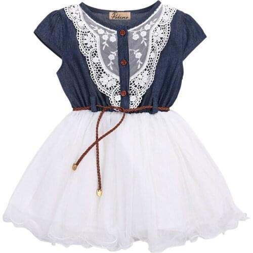 Fashion Girls Kids Princess Flower Lace Denim Tulle Short Sleeve patchwork belt Summer Dress Sundress