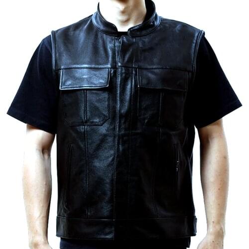 Real Cow Leather Motorcycle Biker Vests For Men 2021 Genuine Leather Sleeveless Jackets Male Stand Collar Waistcoat Punk Outwear