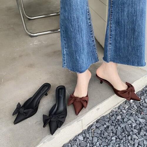 Women Mules with Bow Kitten Heel Slides Lady Slip-on Shoes Pointed Toe Slippers Party Dress Shoes