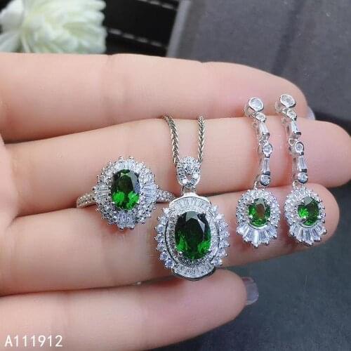 KJJEAXCMY fine jewelry natural diopside 925 sterling silver women pendant necklace earrings ring set support test beautiful