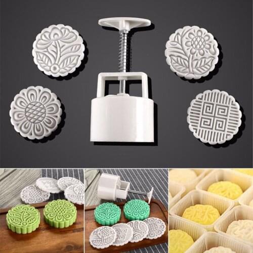 New Round Mooncake Pastry Stamping Mold Moon Cake Baking Mould With 4pcs Stamps DIY Tool