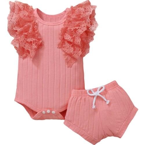 0-24M Two Piece Baby Girl’s Clothes Fresh Lace Stitching Fly Sleeve Romper and Solid Color Triangle Shorts