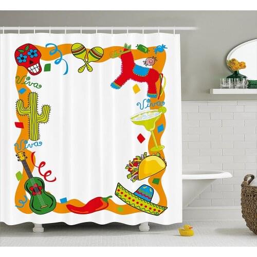Fiesta Shower Curtain Cartoon Drawing Style Mexican Pinata Taco Chili Pepper Sugar Skull Guitar Waterproof Bath Curtains
