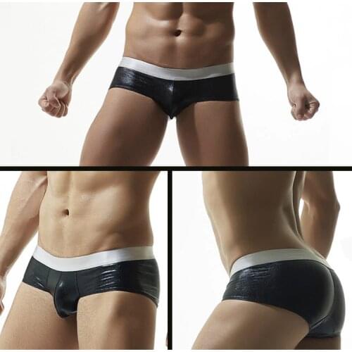 Mens underpants in the low waist U convex silk broad belt imitation leather briefs night club performance shorts bright face