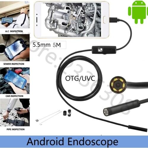 USB Endoscope Hd 480p Coms 5m 5.5MM Len Waterproof 6 Led Borescope Inspection Tube Visual Camera with OTG Adapter for Smartphone