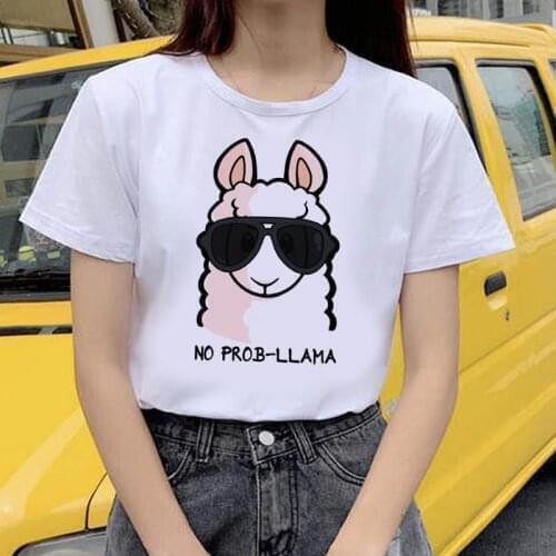 Lovely alpaca Print T-shirts Women Summer 2021 Top Graphic Tees Funny Shirts for Women Loose O Neck Harajuku Tops for Teens