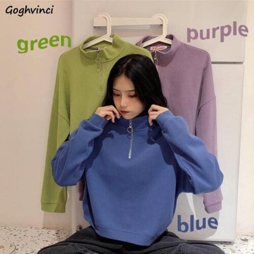 Women No Hat Hoodies Short Zipper Kawaii Students Streetwear Korean Style Solid Simple Harajuku Trendy All-match Stand Leisure