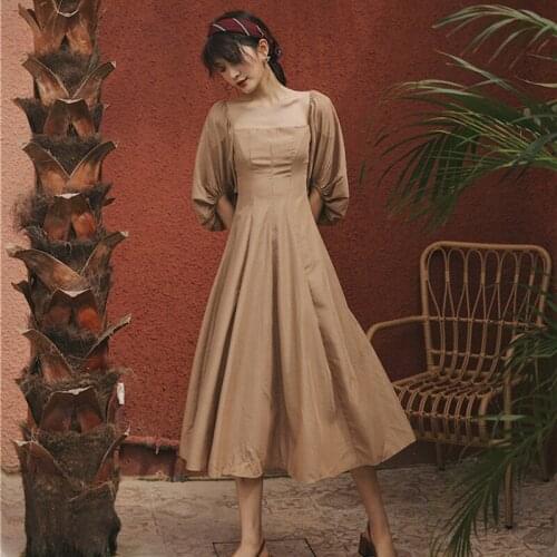 Spring And Autumn Womens Retro Palace Style Sexy Square Neck Puff Sleeve Princess Dress Lady Hot-Sell