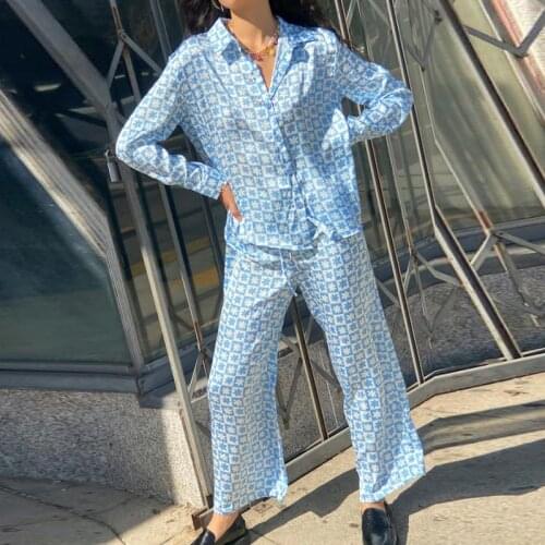 Women T-shirt Trousers Two Pieces Suit Fashion Geometric Print Long Sleeve Tops Pants Sets Casual Female Autumn Spring Homewear