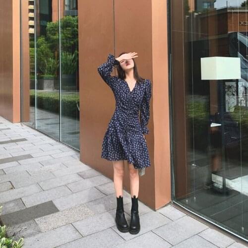 Drawstring Puff Long Sleeve Skinny Blue Print Vintage Dresses For Women Autumn Slim V-Neck Mini Dresses Elegant A-Line Dress