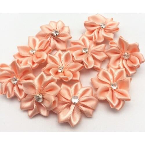 100pcs 25mm Peach Satin Ribbon Diamond Flowers Rhinestone Centered Craft Flower For Wedding Table Decorations Embellishments