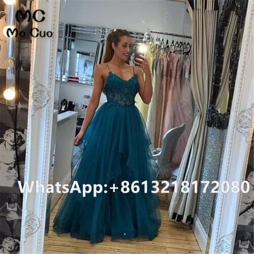 2021 Teal Puffy Evening Dresses Long Prom Gown Appliques Spaghetti Straps Zipper Back Tulle Evening Party Dress for Women
