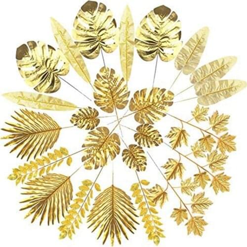 24Pcs Artificial Leaves Gold Palm Leaves Golden Tropical Plants Palm Leaves for Wedding Home DIY Decorations Supplies