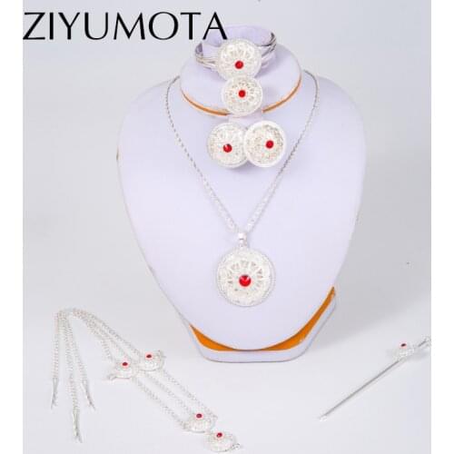 African Bridal Jewelry Ethiopian Silver jewelry sets for Women hair chain necklace Clip ring hairpin Habasha bracelet Set