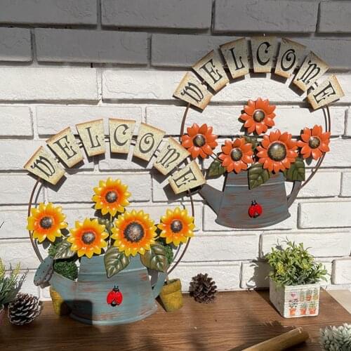 American Pastoral Country Creative Room Wall Mural Kettle WELCOME Painted Little Bee Sun Flower Iron Decoration Pendant