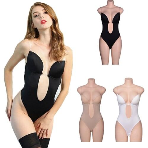 Bodysuit Shapewear Deep V-Neck Body Shaper Backless U Plunge Thong Shapers Waist Trainer Women Clear Strap Padded Push Up Corset