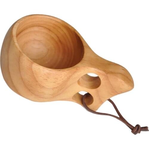 Handmade Rubber Wood Drinking Cup with 2 Hole Grips for Coffee Tea Milk Water Drinking Outdoor Backpack Camping Travel Use