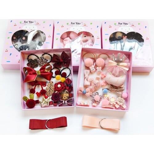 18 Pcs/Box Children Cute Hair Accessories Set Baby Fabric Bow Flower Hairpins Barrettes Hair clips Girls Headdress Gift with box