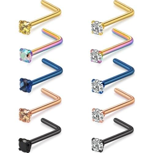 Nose Rings Studs 18G 20G L Shaped Nose Studs With Mix Color CZ Surgical Steel Nose Piercing Jewelry