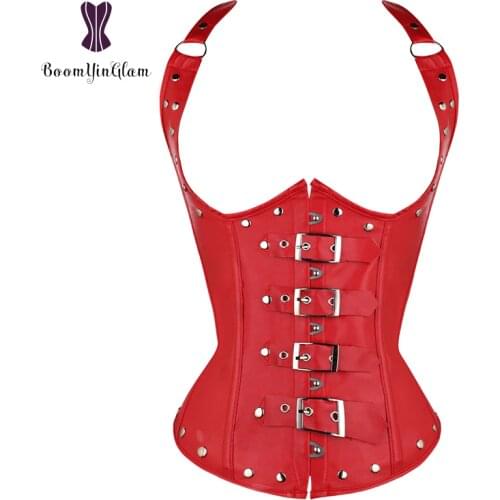 Rivets decorated halterneck steel boned underbust corset women body shapewear waist cincher shaper 828