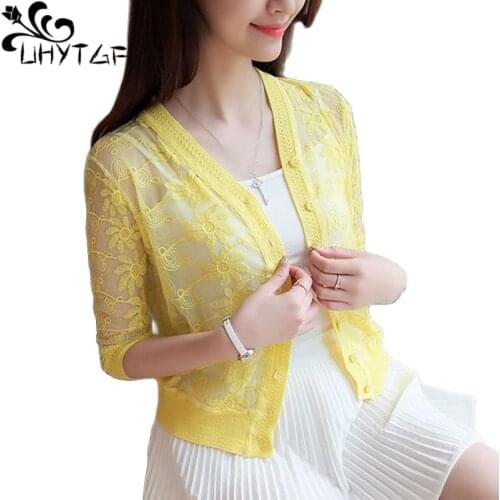 UHYTGF Summer Coat Womens Fashion Lace Hollow Thin Sun Protection Clothing Knitted Shawl Tops Cardigan Female Short Jacket 2176
