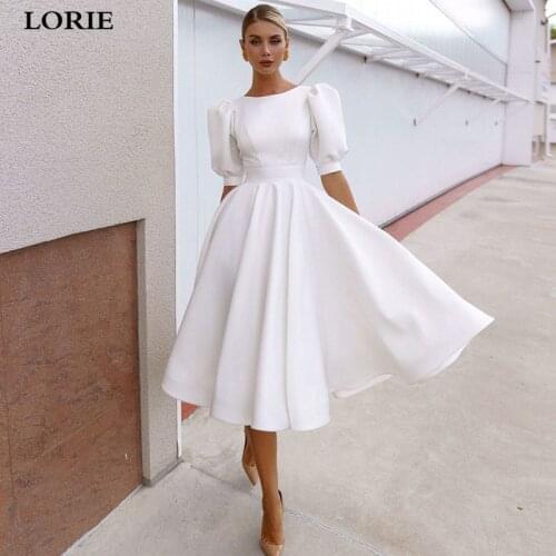 LORIE Simple And Clean Satin Short Wedding Dress Puff Sleeve Knee Length Bride Dresses Sexy Open Back Wedding Party Gowns