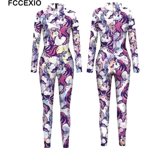 FCCEXIO Fashion Anime Unicorn 3D Print Women Jumpsuit Carnival Party Cosplay Costume Bodysuit Adults Onesie Skinny Outfits