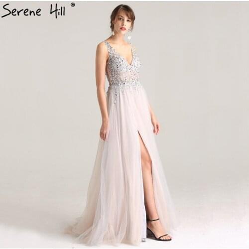 New Princess Deep-V Tulle Sexy Split Evening Dresses Beading Sequined A-Line Evening Gown 2021 Serene Hill LA6223