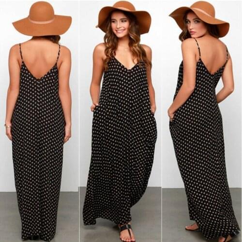 Summer Boho Casual Holiday Maxi Dress Women Elegant Fashion Sleeveless Sling V Neck Polka Dot Loose Beach Sexy Backless Sundress
