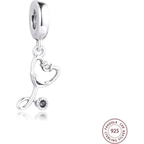 2020 Real 925 Sterling Silver Stethoscope Heart Dangle Charms Fits Original Pandora Bracelet Metal Beads for Jewelry Making