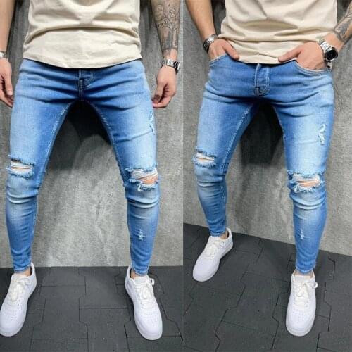 Men Ripped Hole Jeans Mid Waist Slim Skinny Stretch Pencil Pants Casual Style Wild Daily Wear Trousers with Pockets for Boys